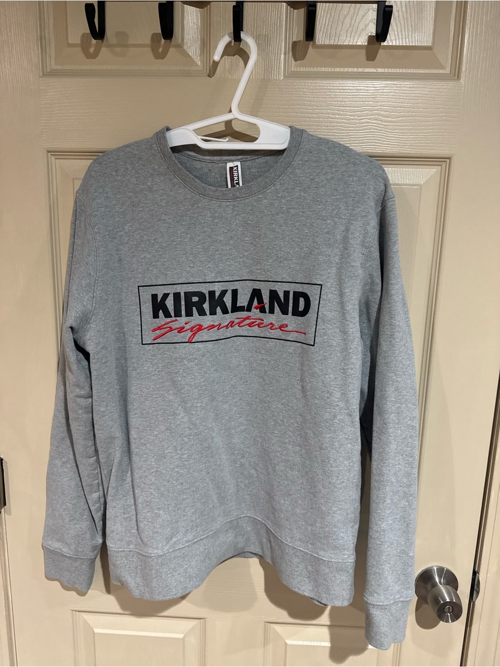 Kirkland Costco Signature Light Gray Crewneck Sweatshirt with Black & Red Logo